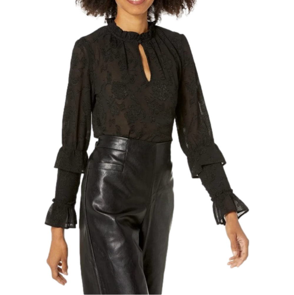 BB Dakota Womens I Heart Drama Floral Jacquard Chiffon top, Black, Small - Picture 2 of 8